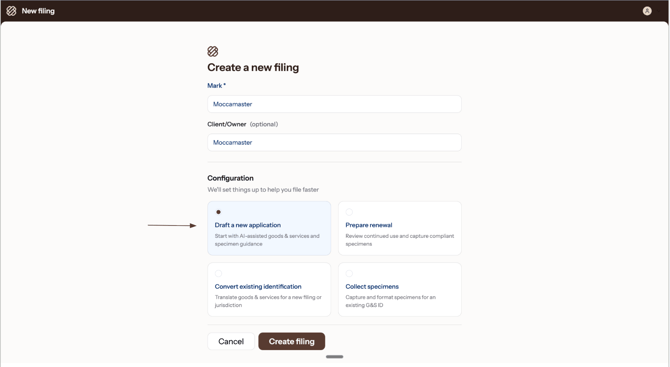 Create New Filing - HC Screenshot